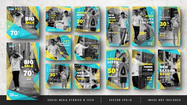 Vector blue yellow social media instagram stories and feed post banner bundle