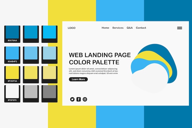 Blue yellow white web page color palette, light colors landing page, pantone colors for website page