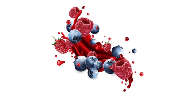 Blueberries and raspberries and a splash of red fruit juice on a white background.