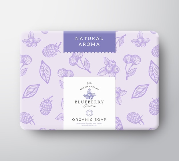Vector blueberry bath soap cardboard box. wrapped paper container mockup