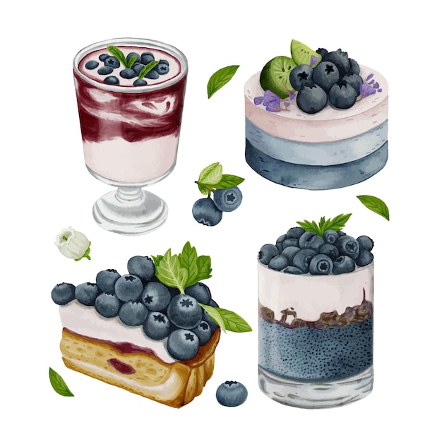 ベクトル ブルーベリーケーキと飲み物の水彩画