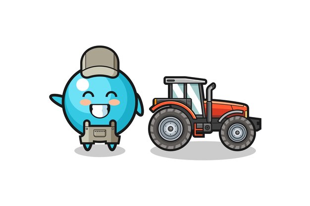 The blueberry farmer mascot standing beside a tractor