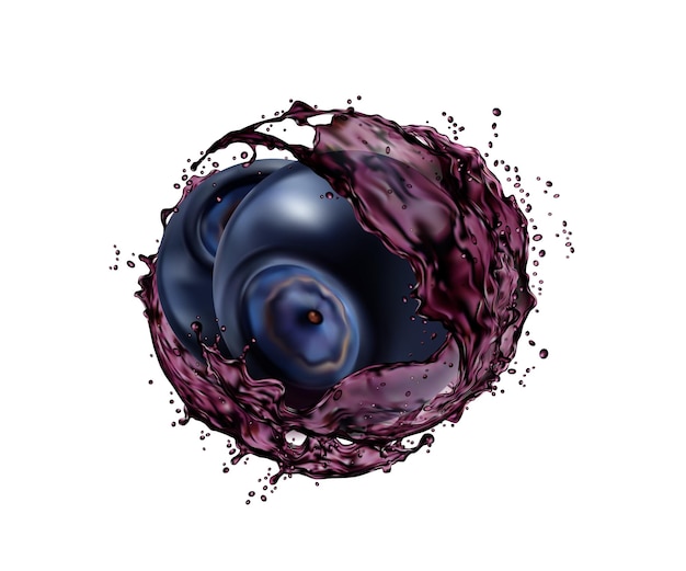 Blueberry fruit with juice splash 3d vector swirl