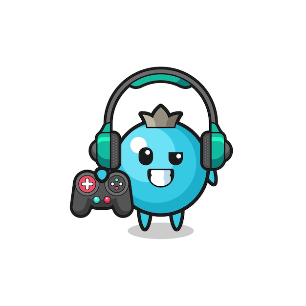 Blueberry gamer mascot holding a game controller , cute design