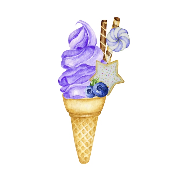 Blueberry ice-cream in waffle cone decorated with chocolate waffles, berries, cookies and candies. Fruit Ice Cream Watercolor illustration isolated