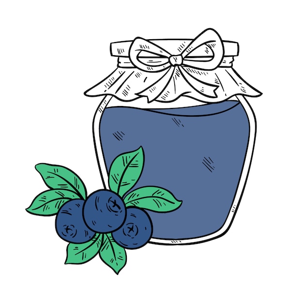 blueberry jam with jar using sketch or hand drawn style