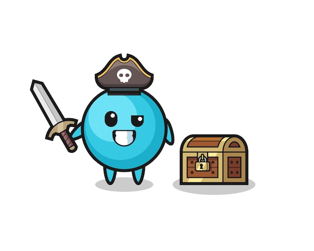 The blueberry pirate character holding sword beside a treasure box