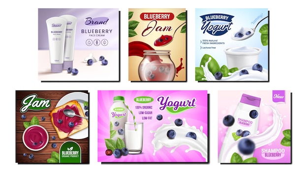 Blueberry Product promotionele banner Set. Bosbessenjam en yoghurt lege pakketten, gezichtscrème en shampoo cosmetica op reclamebanners.