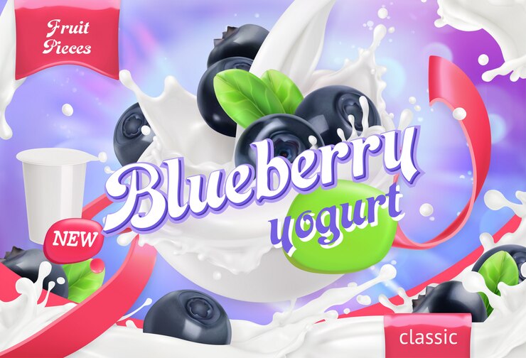 Vector blueberry yogurt. fruits and milk splashes. 3d realistic vector package design