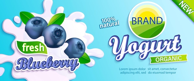 Blueberry yogurt label natural and fresh berries in milk splashes for your brand logo emblem