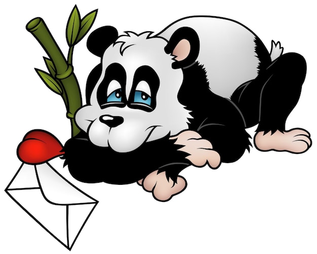 Vector blueeyed giant panda bear lying on the ground with love letter as cartoon illustration