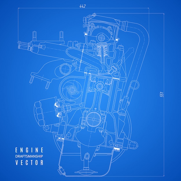 Blueprint of the internal combustion engine, technical drawing on the blue background project