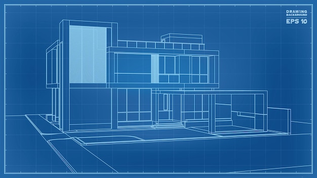 청사진 관점. 열대 집 와이어프레임의 3d 렌더링입니다. 집 건설 아이디어의 벡터 일러스트 레이 션.