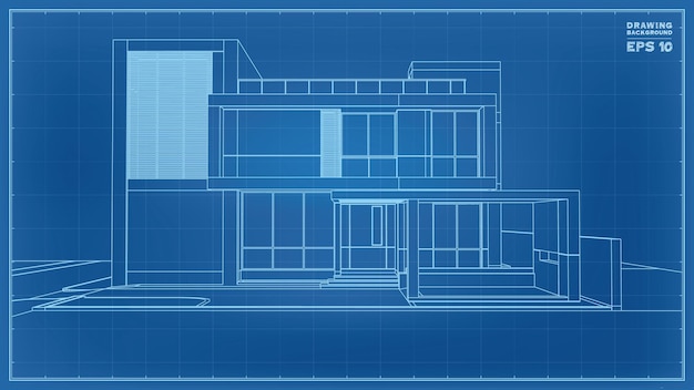ブループリントの視点。トロピカルハウスのワイヤーフレームの3dレンダリング。住宅建設のアイデアのベクトルイラスト。