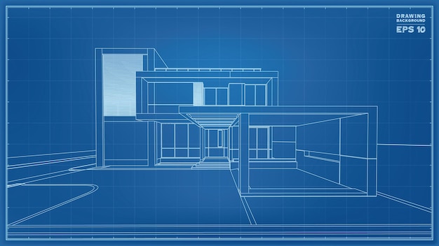 Prospettiva del progetto. rendering 3d di wireframe casa tropicale. illustrazione vettoriale di idea di costruzione della casa.