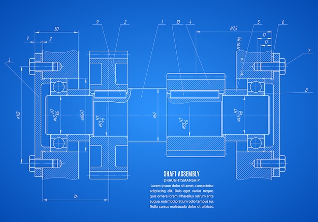 Vector blueprint of shaft assembly, project technical drawing on the blue background