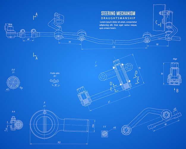 Progetto del meccanismo di sterzo sullo sfondo blu, progetto di disegno tecnico