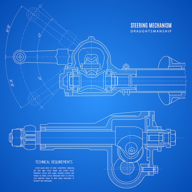 Blueprint of steering mechanism, project technical drawing on the blue background