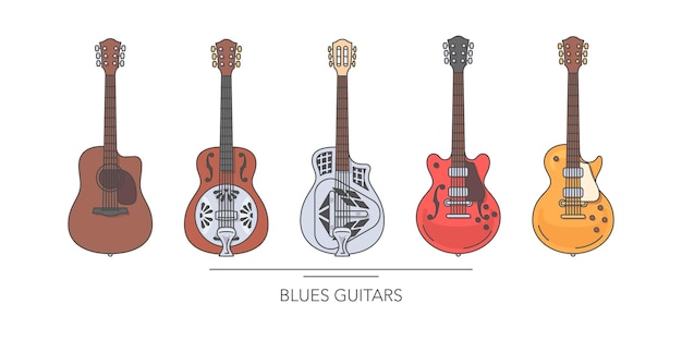 Blues gitaar set Overzicht kleurrijke gitaren op witte achtergrond Vector illustratie