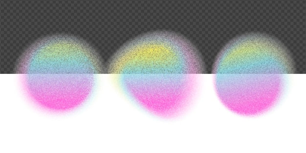 Blur gradiënt cirkels set en abstracte kleur gradatie koren ruis op iridescente mesh blob