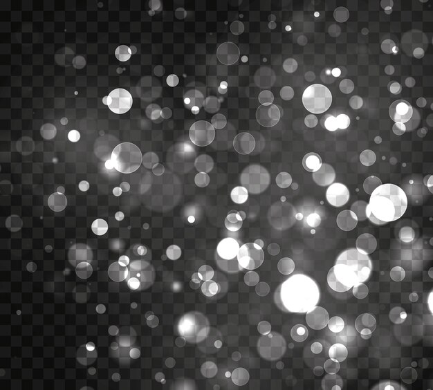 Blurred bokeh light on black background. and New Year holidays template. Abstract silver glitter defocused blinking stars and sparks.  