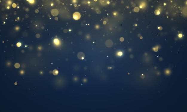 Blurred bokeh light on blue background Glitter defocused blinking stars Christmas gold sparks Vector