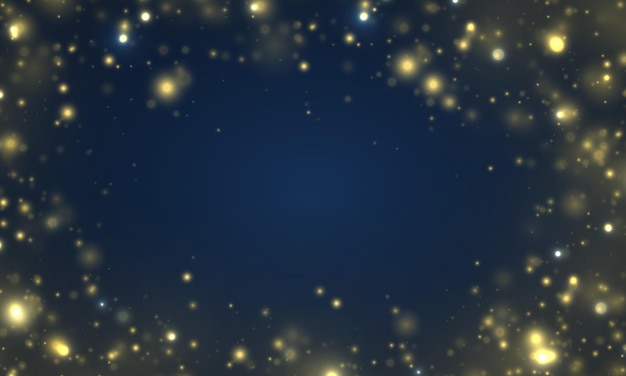 Blurred bokeh light on blue background Glitter defocused blinking stars Christmas gold sparks Vector