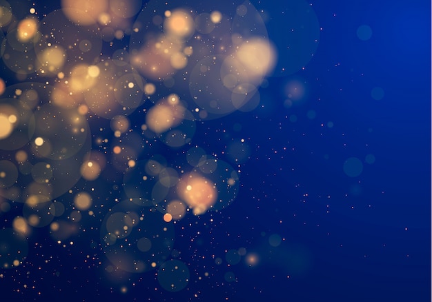 Blurred bokeh light on dark blue background.   and New Year holidays template. Abstract glitter defocused blinking stars and sparks.    