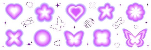 Vector blurred gradient y2k sticker set modern trendy abstract shapes heart butterfly star flower