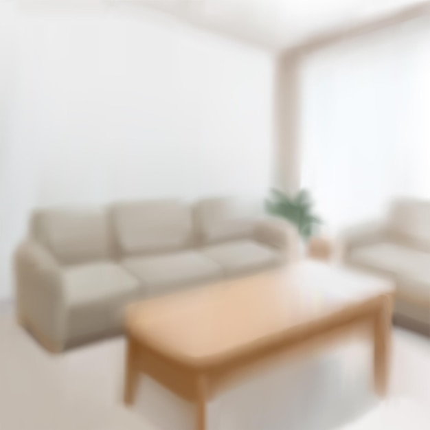 Vector blurred interior of living room with sofa set and wooden center table in 3d illustration