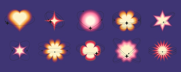 Vector blurred signs in y2k style with linear shapes blurred heart circle star flower modern minimali