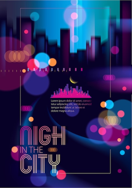 Blurred street lights, urban abstract background. Effect vector beautiful art. Big city nightlife. Blur colorful dark background with cityscape, buildings silhouettes. Brochure, flyer, cover, poster o