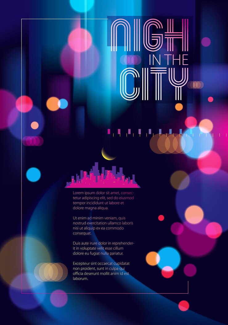 Vector blurred street lights, urban abstract background. effect vector beautiful art. big city nightlife. blur colorful dark background with cityscape, buildings silhouettes. brochure, flyer, cover, poster o