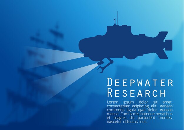 Blurred underwater background with blue submarine silhouette and old sunken ship Vector illustration