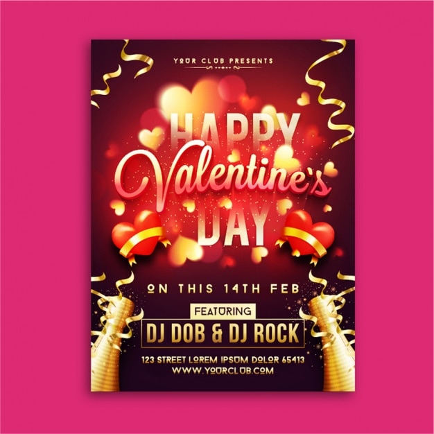 Blurred valentine's day poster with golden streamer