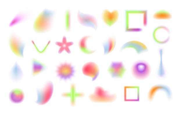 Blurry colorful shapes realistic illustration collection Isolated gradient and ombre colors on heart and star square and circle cross and blobs Smooth forms with paints effect