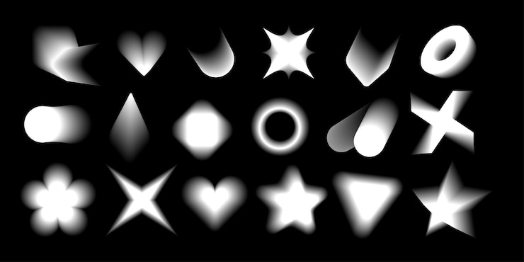 Vector blurry gradient shapes set with yk transparent aura s brutalism effect collection white on black dec