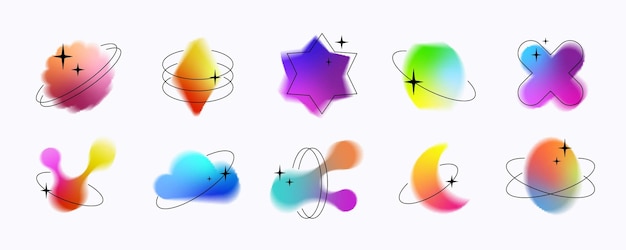 ぼやけた y2k 形状セット ホログラフィック グラデーション苦しめられた抽象的なバナー軌道星ベクトル