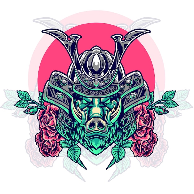 Boar samurai head with roses  