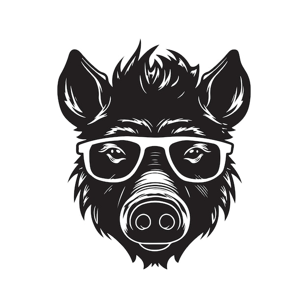 Кабан в солнцезащитных очках винтажный логотип линии искусства концепция черно-белый цвет рисованной иллюстрации