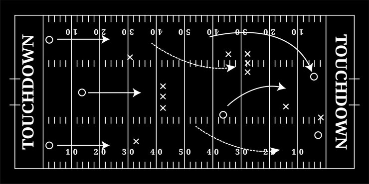 Vector board american football field black top view with tactics