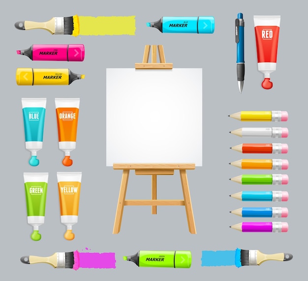 Board Easel Blank Empty and Painting Accessories Set Vector