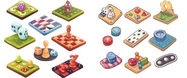 Vettore collezione di giochi da tavolo cartoon divertenti giochi di strategia in miniatura per il tempo libero e la ricreazione in famiglia