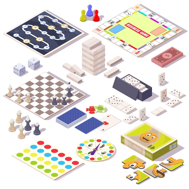 Vector board game set, flat vector isolated illustration. isometric family table games for adults and kids. monopoly, jenga, chess, dominoes, jigsaw puzzle, spinner, playing cards.