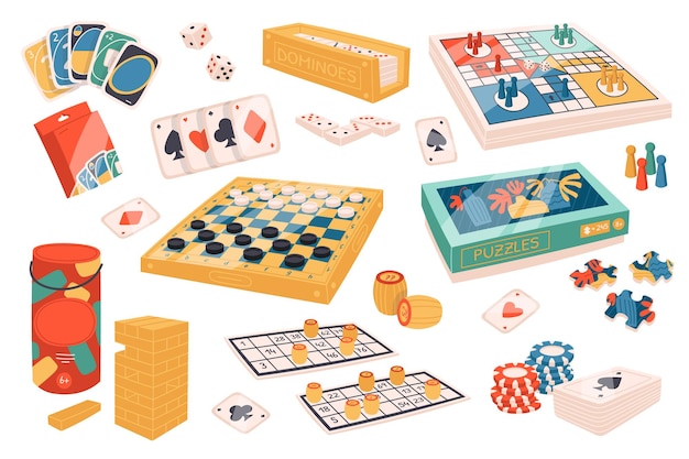 보드 게임 플랫 아이콘 세트 친구들을 위한 다른 게임 퍼즐 젠가 독점 포커 카지노 도미노 우노 및 체스 엔터테인먼트 활동 색상 격리 삽화