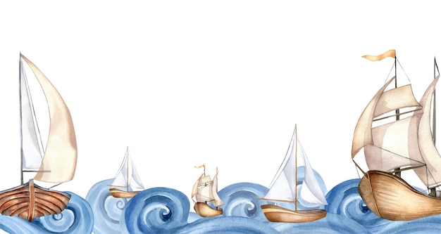 Board of sailing ships on waves watercolor illustration isolated on white background Sailboat waves
