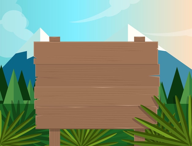board sign wooden forest jungle background illustration vector tree mountain cartoon nature