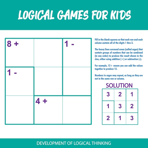 A board that says " logical games for kids " on it