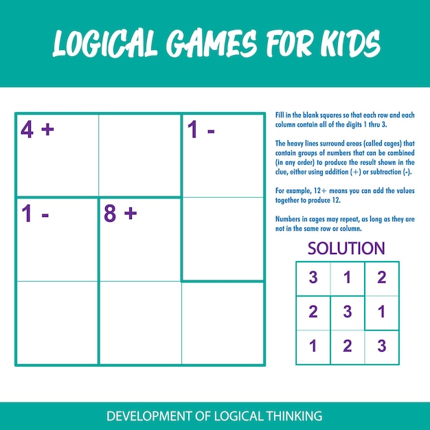 A board that says " logical games for kids " on it.