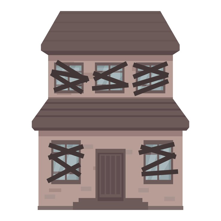 Vector boarded up two story home illustrating urban decay
